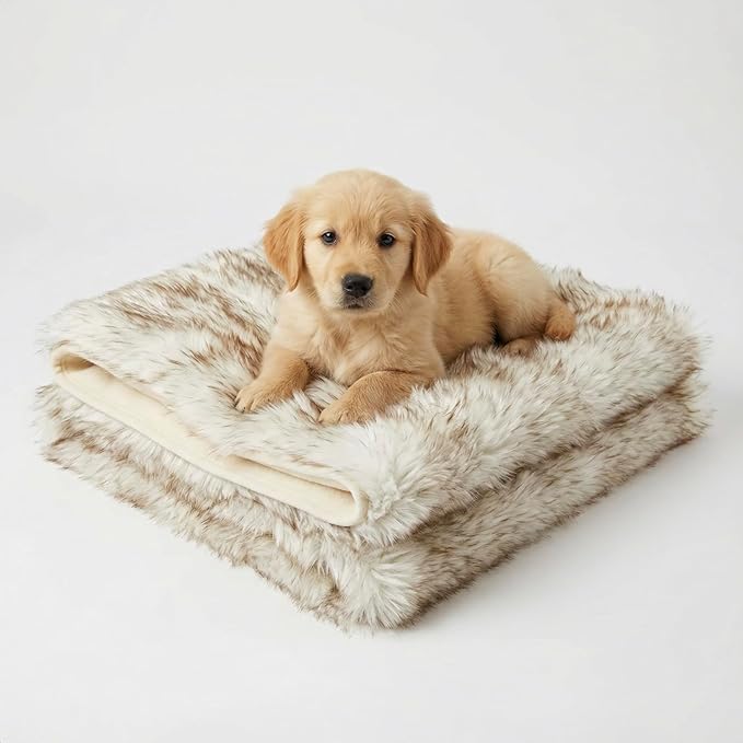 Waterproof Dog Blanket for Small, Medium & Large Dogs – Faux Fur Pet Throw for Couch, Sofa, Bed & Car – Soft, Washable, Stain-Resistant, Durable Cover – White w/Brown Tips – 40" x 30"