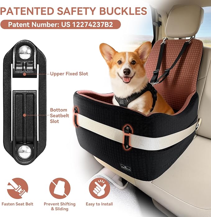 PETSFIT Dog Booster Car Seat with Patented Safety System, 5" Elevated Pad | Fully Detachable Washable Cover, Memory Foam Pet Car Seat for Small/Medium Dogs Up to 35 Lbs with Safety Belt