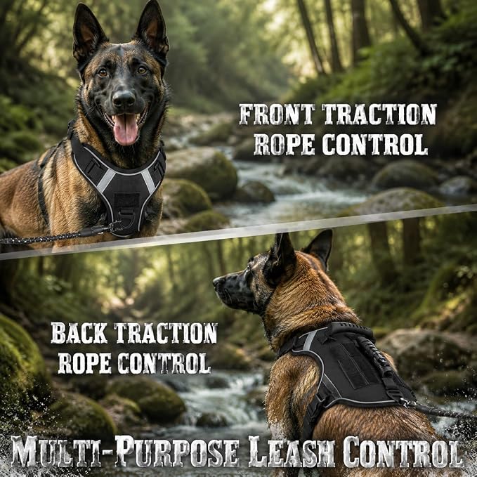No Pull Tactical Dog Harness with Handles and Loop Panel,Tactical Dog Vest with Molle System, Adjustable Reflective Pet Vest for Walking Hiking Training Black M