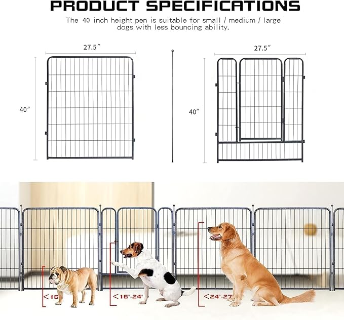 Dog Playpen,32/40/45 Inch Height in Heavy Duty, Folding Indoor Outdoor Anti-Rust Dog Exercise Fence, Portable Pet Playpen with Door for Large Medium Small Dogs and Pet (40 Panels, 40 Inch) Silver