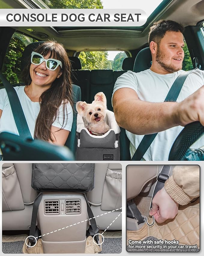 PETSFIT Center Console Dog Car Seat with Adjustable Seat-Rail Anchor Hooks | Anti-Collapse Armrest Booster Car Seat with Safety Tether, Washable Cushion, Soft Pillow for Pets Under 8 lbs, Grey