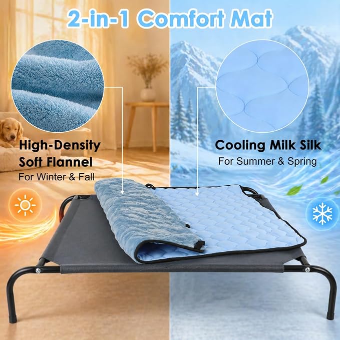 SZEE Elevated Dog Bed, Cooling Dog Cot Bed, Support Up to 65 LBS for Small Breeds, with Durable Steel Frame, Reversible Ice Silk Mat & Sturdy Teslin Mesh, Outdoor & Indoor All-Season Use - S