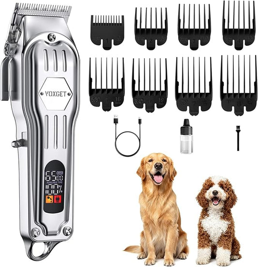 Dog Clippers for Grooming Thick Hair, Upgrade Low Noise Pet Shaver with 8 Size Detachable Combs for Heavy Curly Hair, Rechargeable Metal Blade Clipper Grooming Kit for Dogs Animals (Silvery)