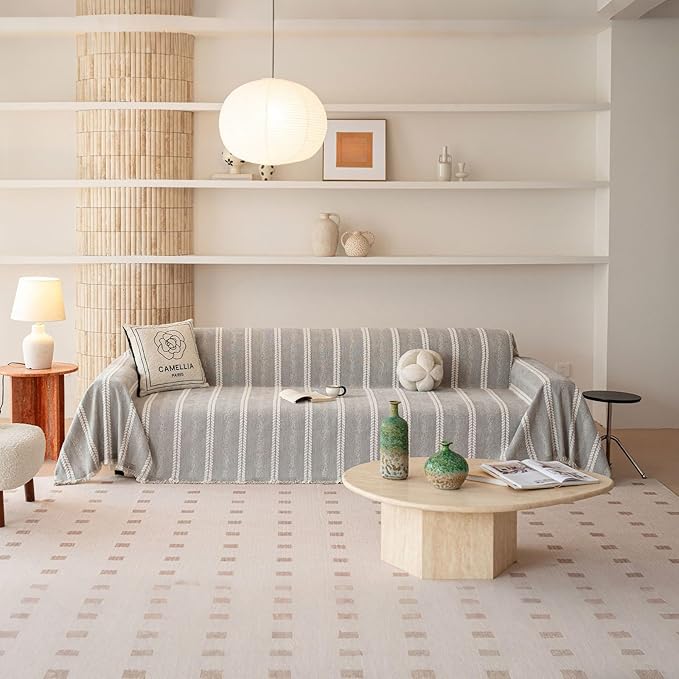 VClife Chenille Sofa Cover Bohemian Striped Pattern Couch Cover for 2 Cushion Sofa - Gray Creamy White Textured Sofa Slipcover Washable Furniture Protector for Couch Decorative Couch Cushion Cover