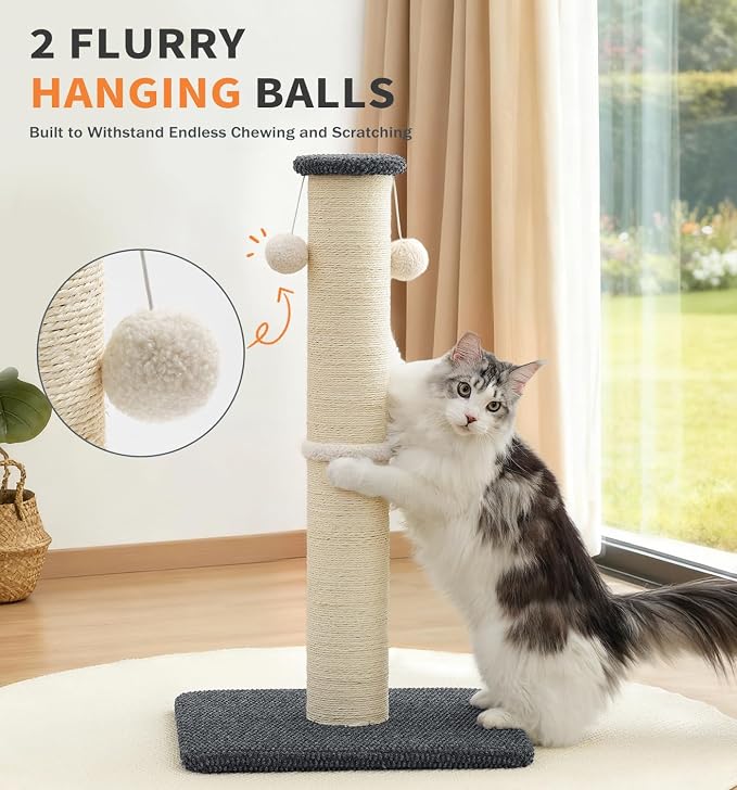 Made4Pets Tall Cat Scratching Post, 23.6" Natural Sisal Cat Scratcher with Hanging Balls, Heavy Duty and Thicker Scratching Post for Indoor Cats Adults, Sturdy Base Cat Scratch Post, Dark Grey