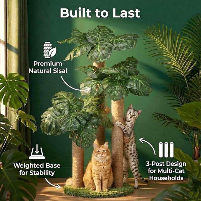 LEMONDA 31.5Inch Cat Scratching Post,Cat Scratcher Tree with 3 Scratching Poles & 2 Interactive Dangling Balls,Cats Scratching Posts for Indoor Kitten & Adult Cats