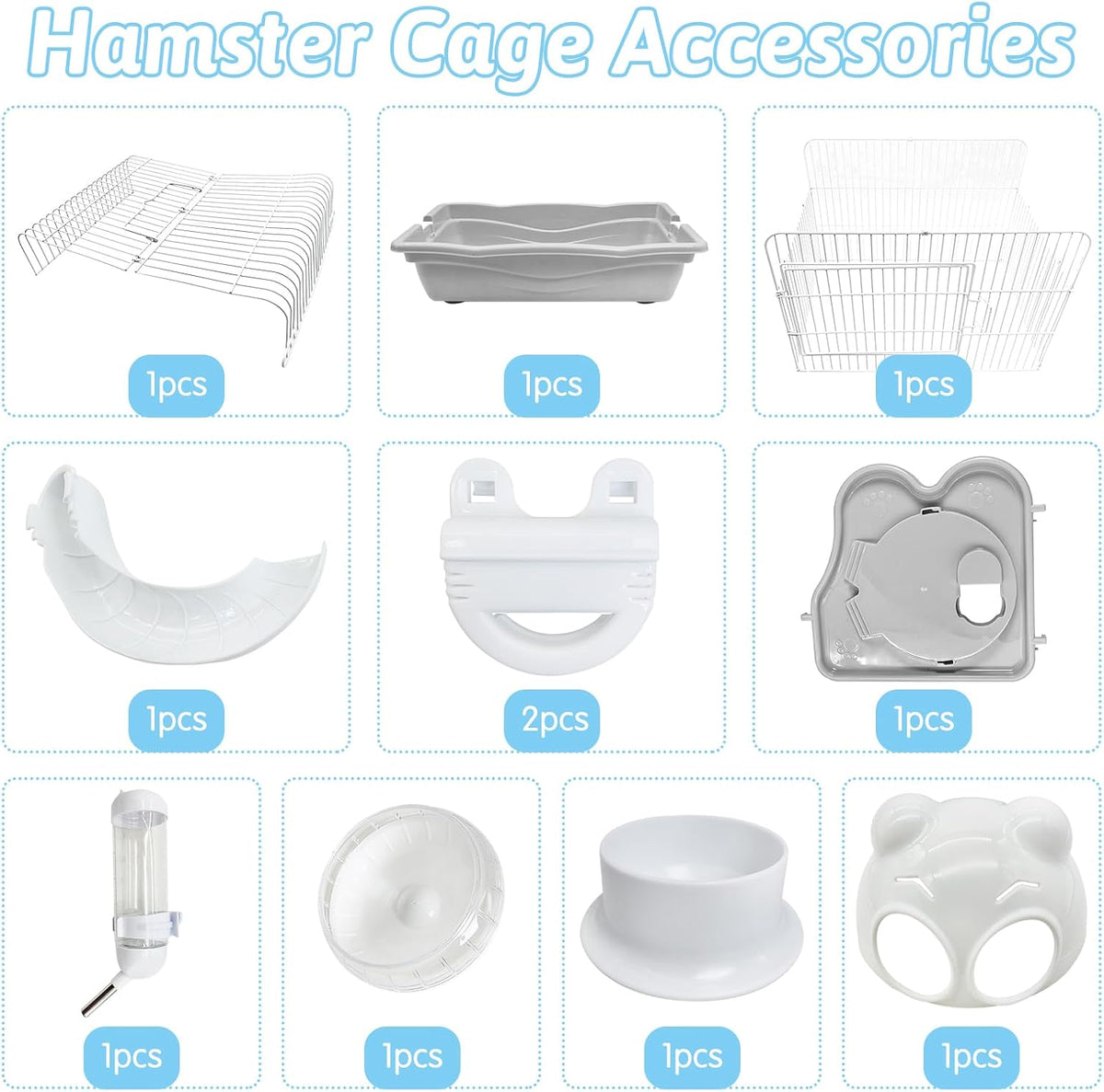 PINVNBY Dwarf Hamster Cage, Small Animal Cages, 2-Tier Travel Portable Mouse Cage Hamster Carrier with Castle House Running Exercise Wheels, Water Bottle and Food Dis（Gray）