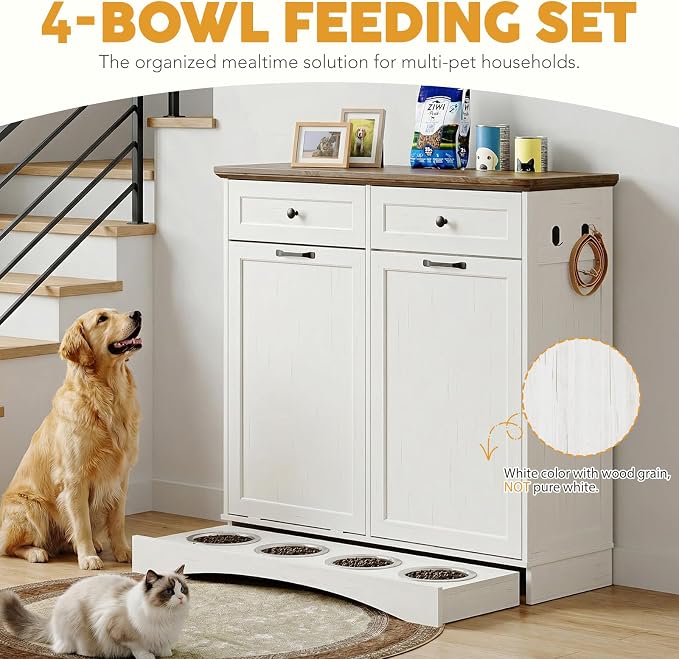 39.7’’W Dog Feeding Station, Tilt-Out Dog Food Cabinet for Multi-Pets, Pet Feeder Station with 4 Feeding Bowls, Dog & Cat Storage Organizer with Hanging Rod, (White, Dual Doors)
