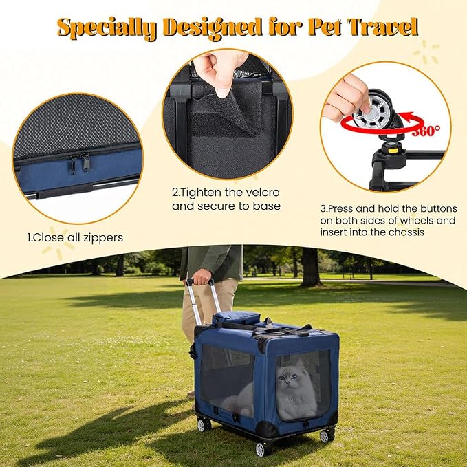 Rolling Pet Carrier with Wheels, Expandable Airline Approved Dog & Cat Carrier up to 50 lbs, Collapsible Travel Crate with Telescopic Handle, Breathable Soft-Sided Pet Carrier for Travel, Car & Home
