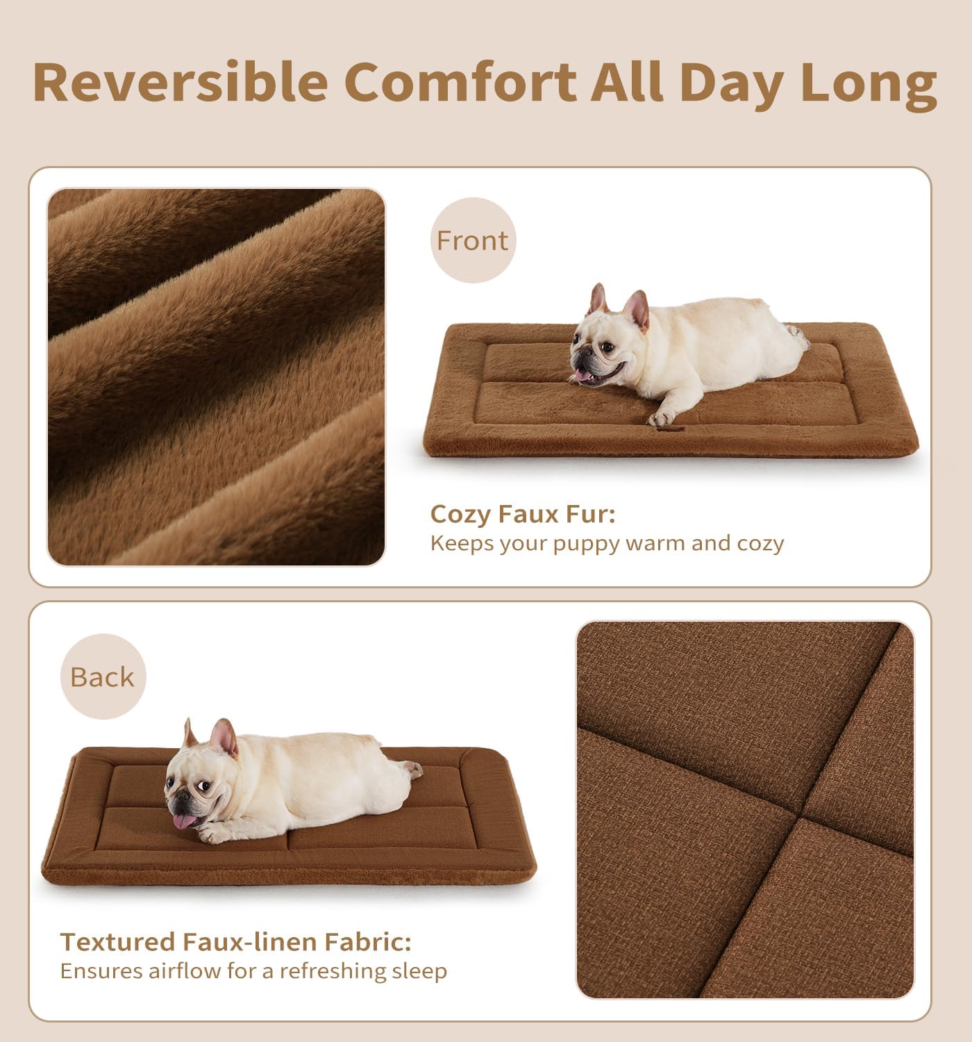 Made4Pets Dog Crate Pad Bed for Large Dogs, Washable & Reversible, Anti-Slip Kennel Mat for Cozy Sleeping, Soft Fluffy Dog Bed for Indoor & Outdoor Use, 41"x29", Brown