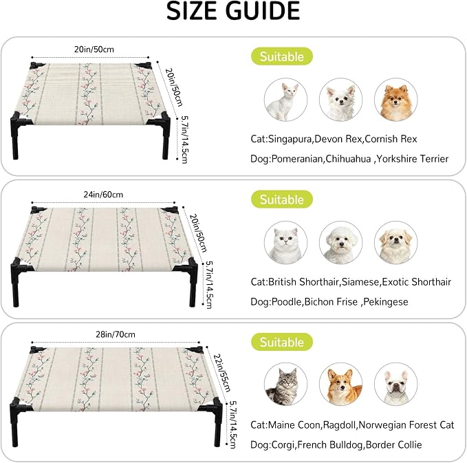 Outdoor Elevated Dog Bed for Medium Dogs, Beige Flower Branch Breathable Cooling Raised Dog Cot for Indoor/Outdoor, Spring Summer Farmhouse Botanical Waterproof Elevated Pet Beds, M 24 x 20 in
