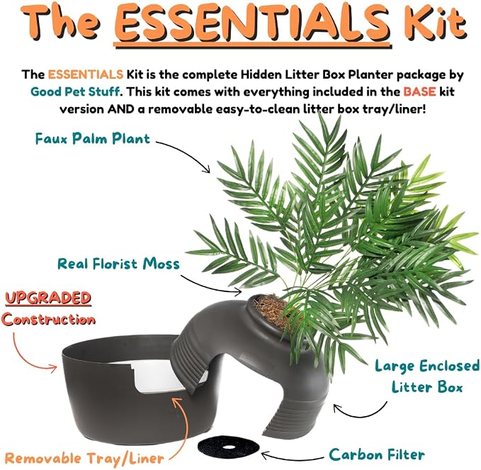 Good Pet Stuff Original Hidden Litter Box Planter, Decorative Cat Litter Enclosure with Carbon Filter, Artificial Palm Plant, Upgraded Design, Easy Clean Litter Tray, Essentials Kit, Black Suede