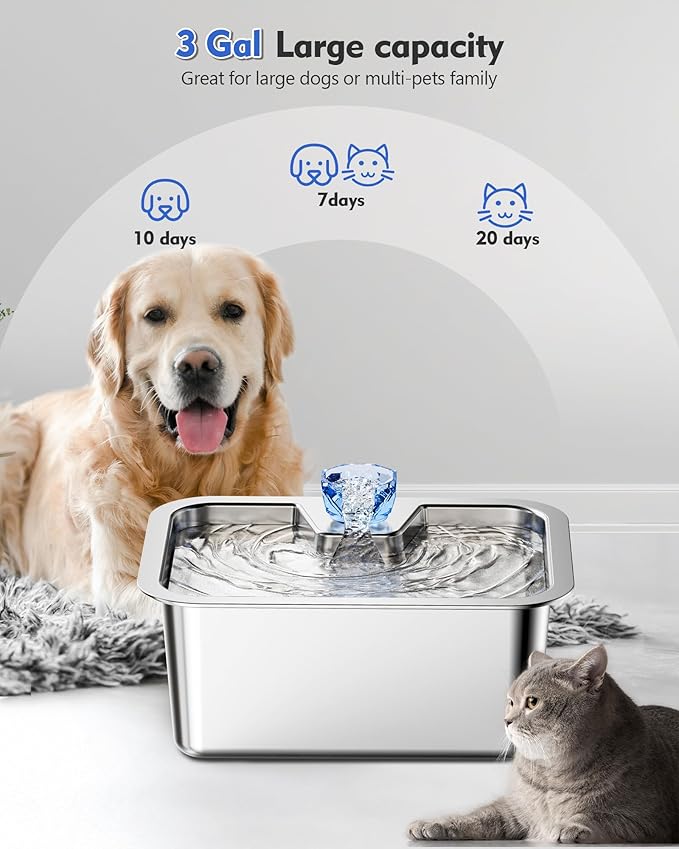 Stainless Steel Water Fountain for Large Dogs 3-Gallon Extra-Large Capacity Pet Water Dispenser Multi-Pet Compatible Drinking Bowl Easy to Clean Quiet Pump Design