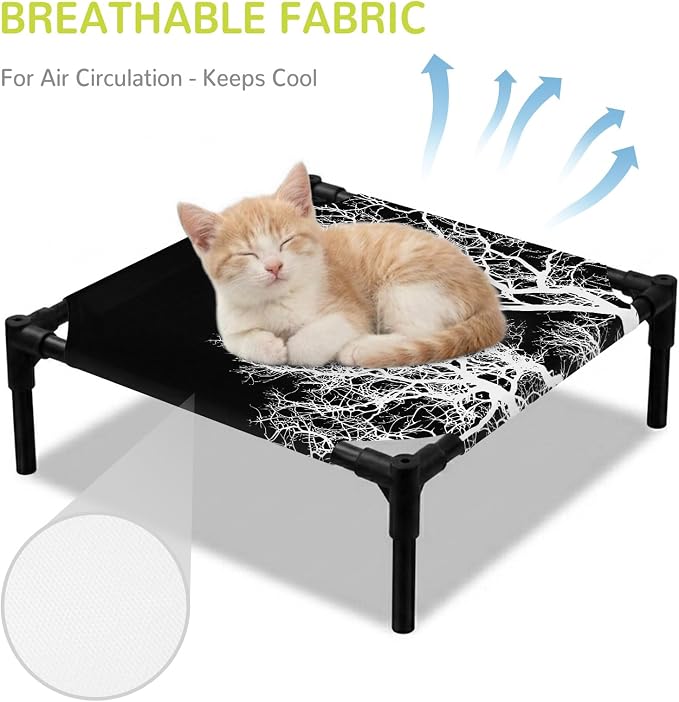 Outdoor Elevated Dog Bed for Small Dogs, Modern Tree Branches Breathable Cooling Raised Dog Cot for Indoor/Outdoor, Contemporary Black Botanical Waterproof Elevated Pet Beds, S 20 x 20 in