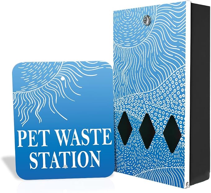Zero Waste USA - DISPENSE-ART™ Mini Dog Waste Station - Rolling Hills-Blue | UV-printed aluminum bag station with 400 bags, 25% larger dispenser, installs beside existing trash cans, 10-year warranty