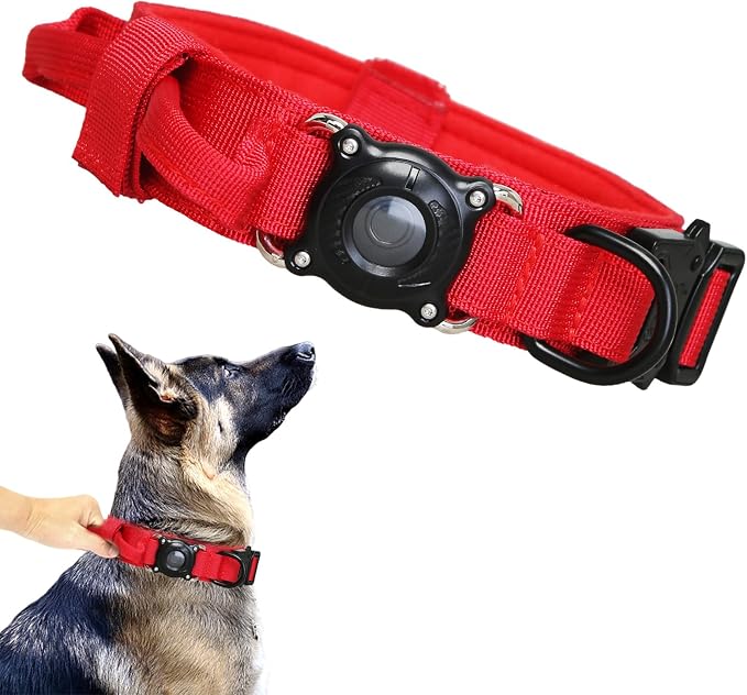 AirTag Dog Collar for Large Dogs Tactical Dog Collar with AirTag Holder | Upgrade Waterproof,Control Handle,Quick-Release Metal Buckle,1000D Nylon Fabric,Soft-Padded Webbing,Velcro Patch(RED,XXL)