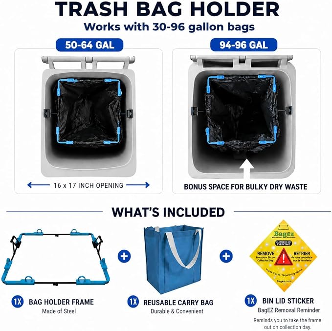 Portable Trash Bag Holder Stand For 20-33+ Gallon Liners. 16x17in Hanging Stand for Waste or Storage & Organization. Garbage can For Home Recycling Camping Picnic Party Boat Car RV or Leaf Collector
