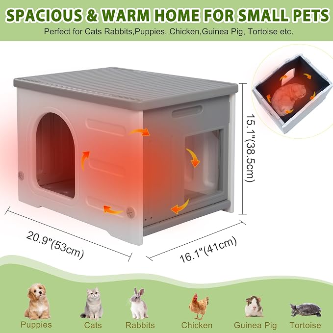 Insulated Cat House Outdoor Weatherpoof Plastic Cats Houses for Winter | with Escape Door Indoor Waterproof Feral/Pet Cat Shelter Outside for Puppy, Rabbit