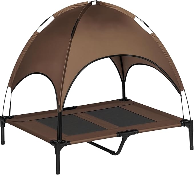 PawHut Elevated Dog Bed with Removable Canopy, Outdoor Dog Cot with UV Protection Canopy Shade, 36 inch Large Pet Bed for Camping, Coffee | Large Pet Bed, Outdoor Dog Cot, UV Protection Shade, Camping
