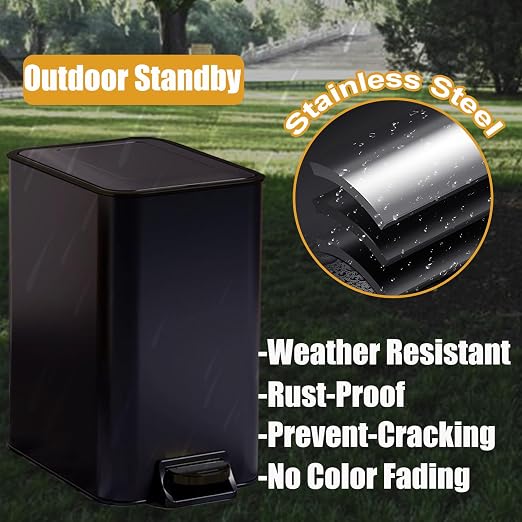 Metal Dog Pooper Scooper for Yard - Dog Poop Trash Can Outside with Pedal | 3.2 Gal Pet Waste Container Outdoor - Stainless Steel Garbage Bucket with Lid - Trash Bin, Long Handle Tray and Rake - Black