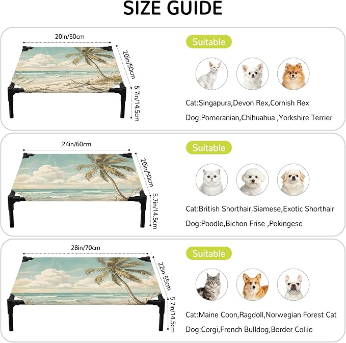 Outdoor Elevated Dog Bed for Small Dogs, Palm Trees Breathable Cooling Raised Dog Cot for Indoor/Outdoor, Beach Summer Blue Ocean Sky Natural Landscape Waterproof Elevated Pet Beds, S 20 x 20 in