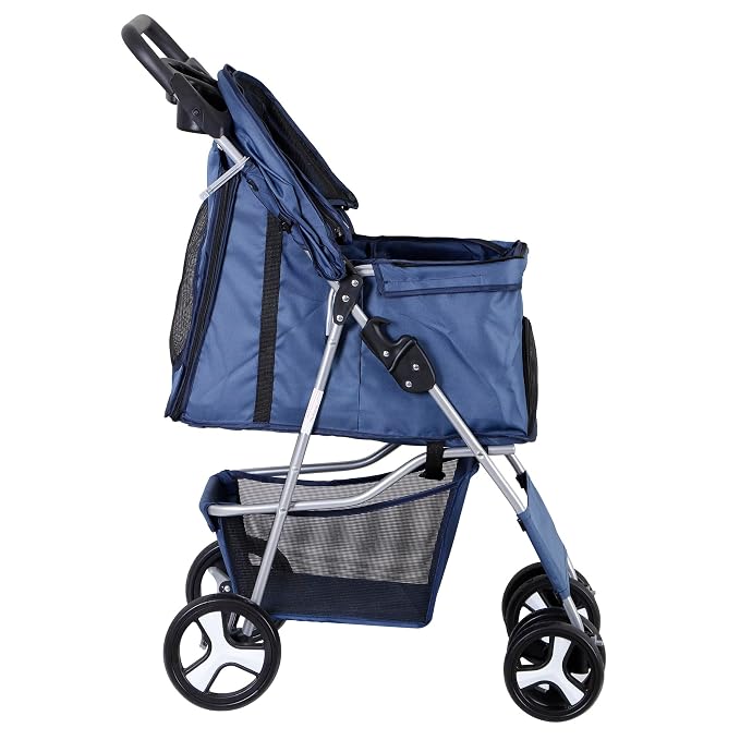 Pet Stroller for Medium Small Dogs - Easy to Walk Folding Travel Carrier Strolling Cart with Cup Holder, Weather Cover and Storage Basket (Navy Blue)