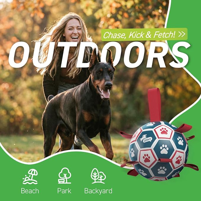 QDAN Dog Toys Soccer Ball with Straps, Durable Giant Dog Balls, Outdoor Dogs Toys, Herding Ball, Birthday Gifts (10 Inch)