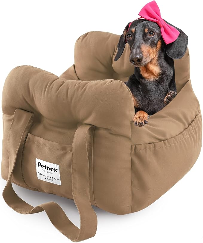 Dog Car Seat for Small Dogs, Portable Puppy Car Seat of Easy Installation, Fashionable Pet Carrier Bag with Large Pockets, Machine Washable Dog Booster Seat (Khaki)