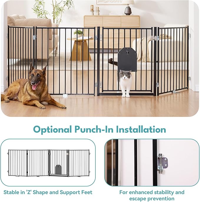 No Pawblems Dog Gate with Cat Door, Free Standing 30'' Tall Foldable Dog Fence for Indoor & Outdoor, Up to 78 Inch Extra Wide Puppy Gate for Stairs, Hallways, Doorways, Deck, Yard (Black, 3 Panels)
