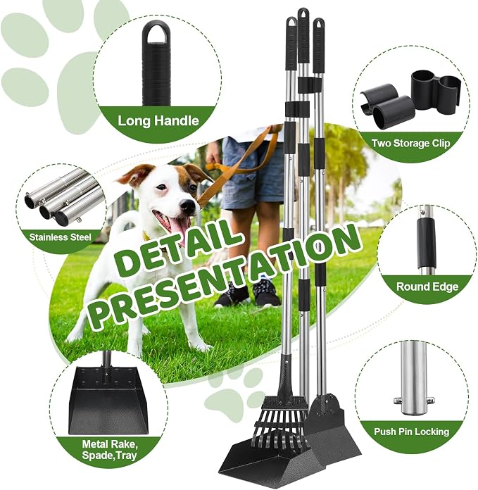 Pooper Scooper, Dog Pooper Scooper Long Handle Stainless Metal Tray Shovel and Rake Set for Medium Small Dogs Heavy Duty， Use for Grass, Dirt or Gravel