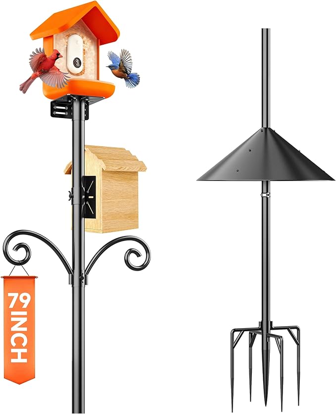 Uoveya Smart Bird Feeder Pole Stand with Proof Squirrel Baffle - Dia 1 Inch Bird House Pole Mount 79", Double Shepherds Hooks Component, Install 2 Bird Houses, Feeding Station for Outdoors Heavy Duty