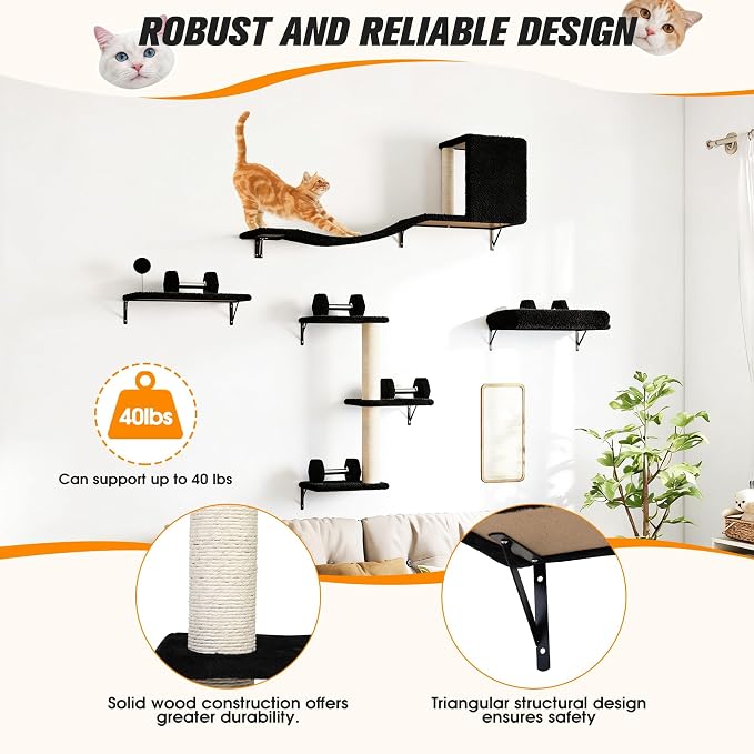 5 Pcs Wall-Mounted Climber Set, Wood Indoor with Shelves and Perches, Ladder, Condo House, Scratching Board and Tree, Wall Shelves Furniture for Cats (Black)