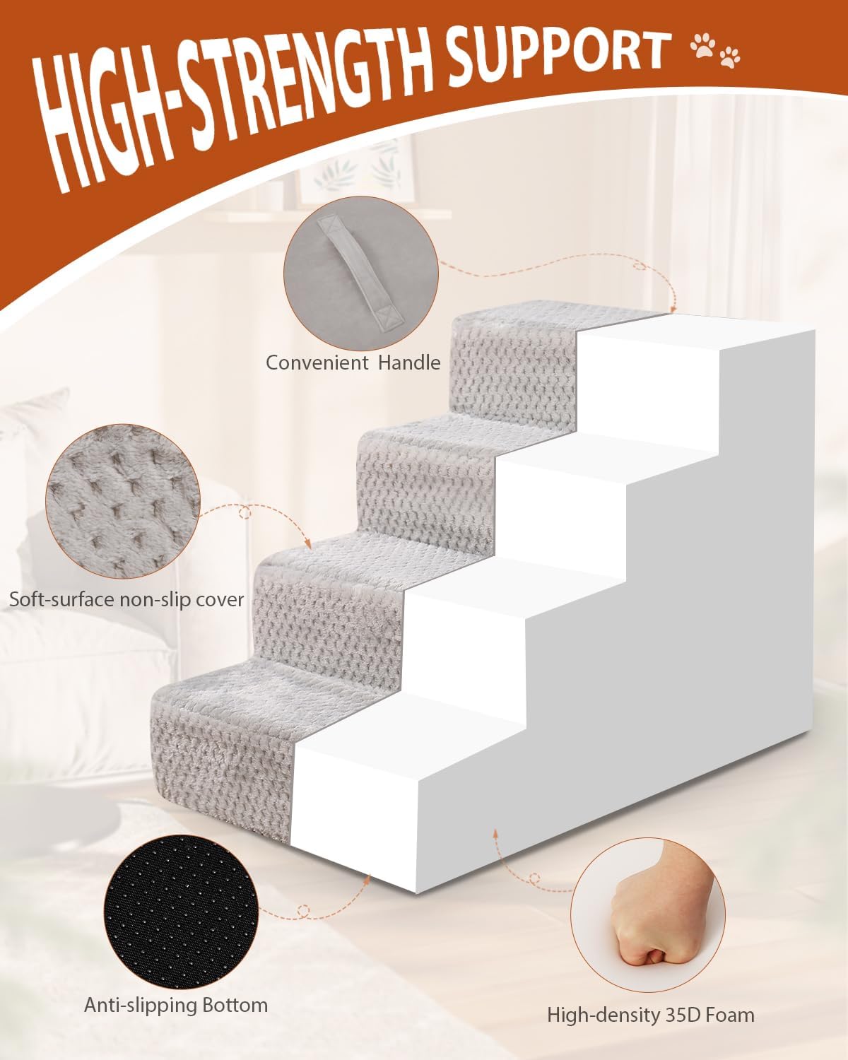Dog Stairs for Small Dogs,17.5" H,4-Step Dog Steps for High Bed Couch and Sofa,Pet Stairs for Dogs and Cats Climbing with Non-Slip Bottom and Washable Cover,Light Grey