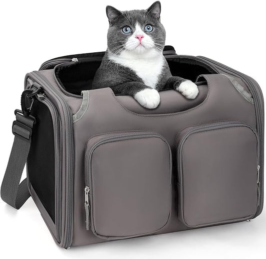 Dog, Cat Carrier for Pets Up to 12 Lbs, Airline Approved Collapsible Soft-Sided Pet Travel Bag with Locking Zippers, Breathable Mesh and 4 Large Pockets, Removable Fleece Pad (Grey)