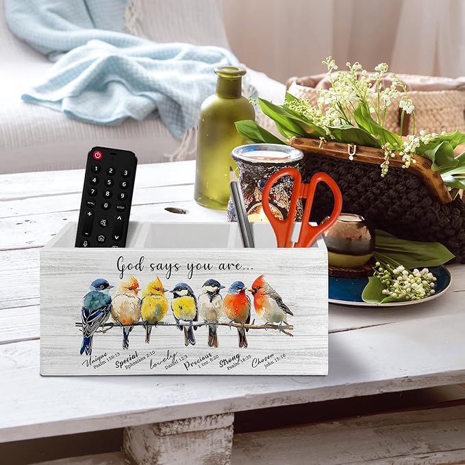 Christian Bird Pen Pencil Holder Organizer for Desk Accessories, God Says You Are Bible Verse Inspirational Wooden Box Sign Desk Decor for Home Office Decoration, Bird Lovers Gifts