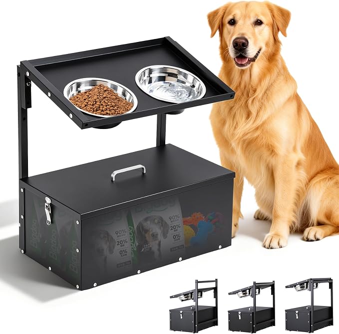 Elevated Dog Water Bowl with Storage Box Large Breed, 3 Adjustable Height | Raised Dog Bowl with Stand, Stainless Steel Pet Food Bowl & Water Bowl Indoor & Outdoor Use, Easy Clean