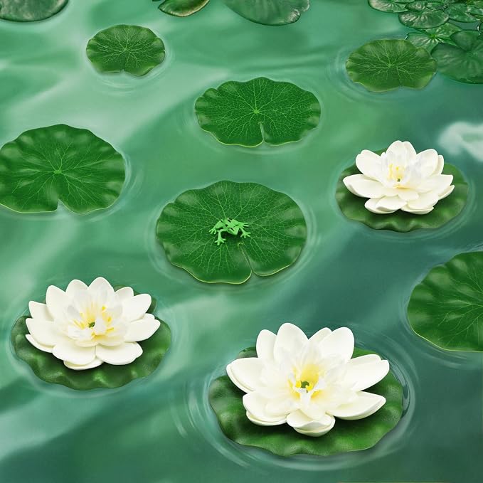 10pcs Artificial Floating Foam Lotus Flowers with Artificial Frog Lotus Leaves, Lily Pads for Lake, Pond Plants Ornaments for Pool Aquarium Water Decoration, White