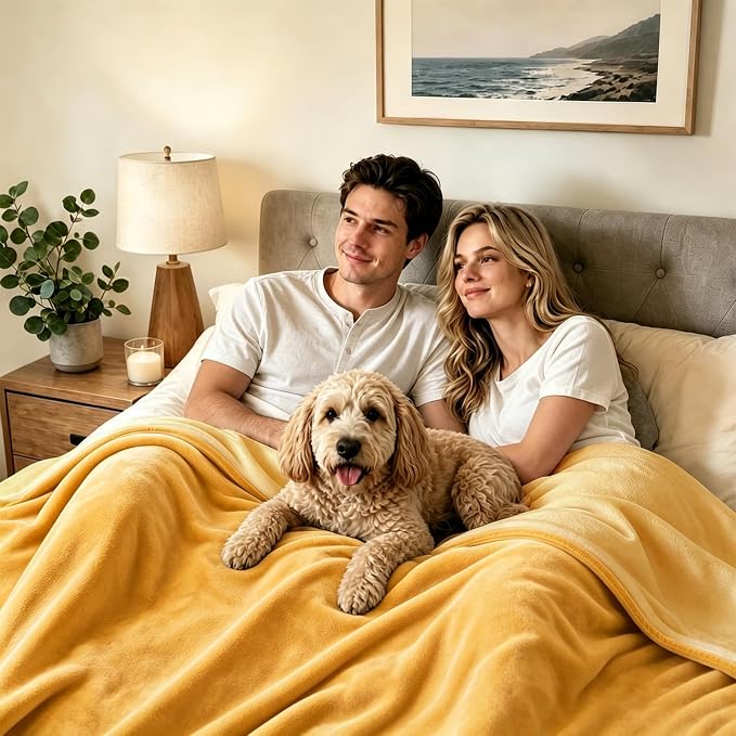 LOOBANI Waterproof Blanket for Bed, Flannel Queen Size 80"x90", Yellow | Double-Side Leak-Proof, Reversible, Stain-Proof Cover for Sofa Bed Protection, Ideal for Rest Movie Time, Camping, Travel