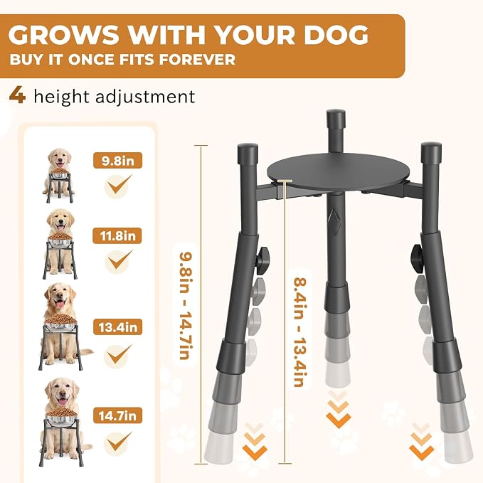 Elevated Dog Bowl Stand for Large Medium Breeds, Extra-Stable Food Feeder | Adjustable Size 4 Heights Width 6-10in, Anti-Tip Metal Raised Water Dish Holder, Non-Slip Tall Single Lifted Riser