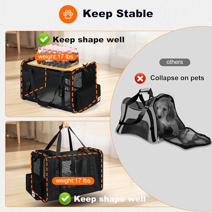 pidipiti 25''(L) x 17''(W) x 17''(H) Extra-Large Expandable cat Carrier for Long Distance car Travel,for 1 Extra-Large cat / 2 Large Cats / 3 Small-Medium Cats up to 35 lbs(Black)