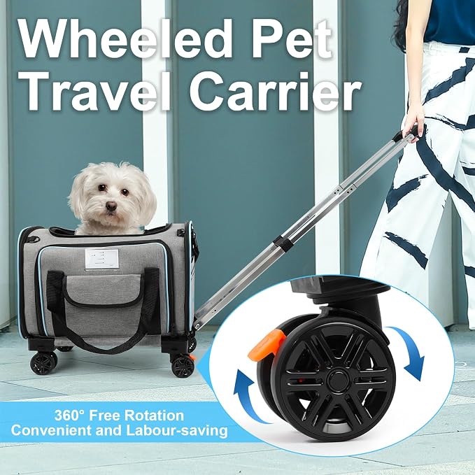 Pet Carrier Airline Approved, Expandable Pet Cat Carriers with Wheels for Dogs, Airline Approved Cat Dog Carrier, TSA Approved Pet Carrier in Cabin, Pet Dog Cat Carrier Soft, Cat Travel Carrier(Grey)
