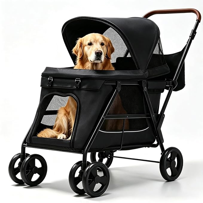 Dog Stroller for Large & Medium Dogs, Foldable Pet Stroller for 2 Small Dogs Up to 66lbs, with All-Terrain Wheels, Breathable Mesh Ventilation & Storage Pocket (Black)