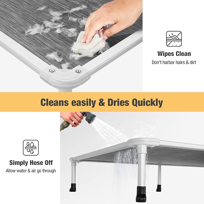 Veehoo Chew Proof Elevated Dog Bed, Cooling Raised Pet Cot, Silver Aluminum | Indestructible Dog Bed with Durable Textilene Mesh Fabric, No-Slip Feet for Indoor or Outdoor Use, 42", Large, Black Silver