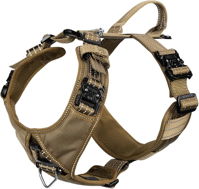 ICEFANG Dog Halter Harness with Metal Buckles,Dog Strap Vest for Large Dogs | Control Handle,Summer-Cooling,Reflective,Front Hook,Adjustable,Soft Padded,No Pull,Brown,Large