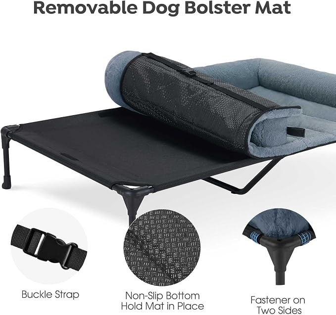 Veehoo Elevated Dog Beds Large Sized Dog with Fluffy Plush Bolster Cushion | Orthopedic Raised Dog Beds for Indoor Outdoor, Soft Pet Sofa Cot with Removable Washable Mat, No-Slip Feet, 49" x 33", Blue