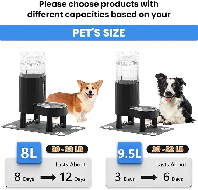CZPET Elevated Dog Water Bowl Dispenser with Mat (9.5L+Stand+Mat,Black) | With Stainless Steel Bowl Gravity Waterer, Large Capacity and Drinking Area Noise-Free for Pets