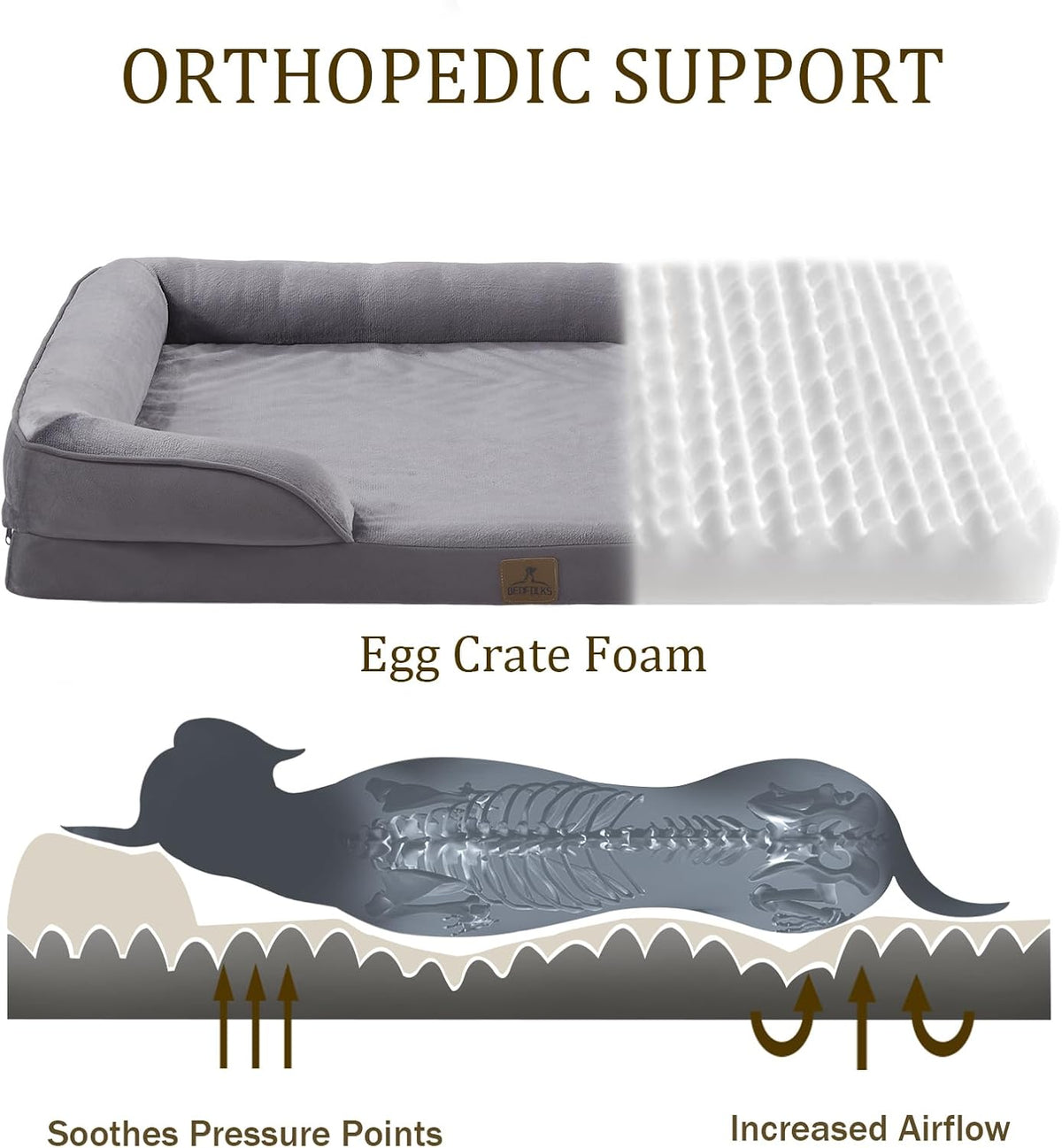 Bedfolks Orthopedic Dog Bed, Waterproof Dog Sofa Bed for Large Dogs, Egg Foam Pet Couch Bed with Removable Washable Cover and Nonslip Bottom, Dark Grey