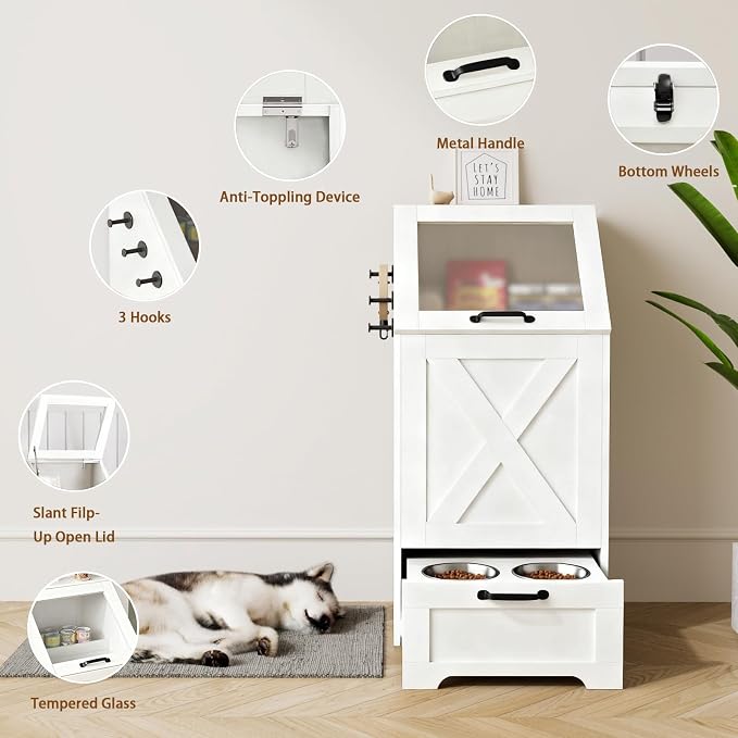 Dog Feeding Station,Dog Food Storage Cabinet,Pet Feeding Station with 2 Elevated Bowls,Hidden Pet Feeder Station with Hooks,Flip Top Pet Storage Organizer for Water,Feeding (White)
