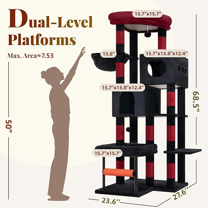Hey-brother Cat Tree, 68.5 inch Cat Tower with L-Shaped Extended Base, Multi-Level Furniture with 2 Spacious Candos, 2 Platforms, 11 Scratching Posts, Hammock and Toy Ball,Black and Red MPJ086BR
