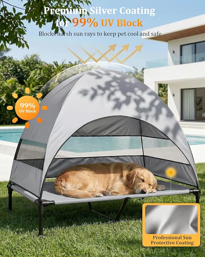Elevated Dog Bed with Canopy - 3-Sided UV Protection Pet Tent with Wider Shade, Raised Cooling Outdoor Dog Cot with Breathable Mesh for Medium Large Dogs, Portable Bed for Camping, Patio (Grey, XL)